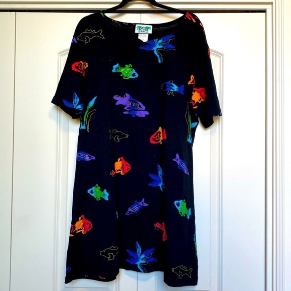 Coconut Bay Mini Dress Womens XL Fish Tropical Beach Novelty Cotton Made in USA - Picture 1 of 6